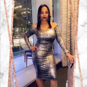 Silver, black, long sleeve, off shoulder